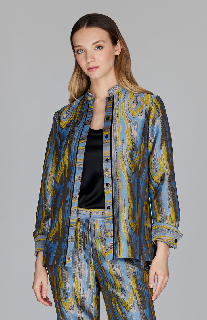 Moire Jacquard Mandarin Collar Blouse w/ Relaxed Sleeve