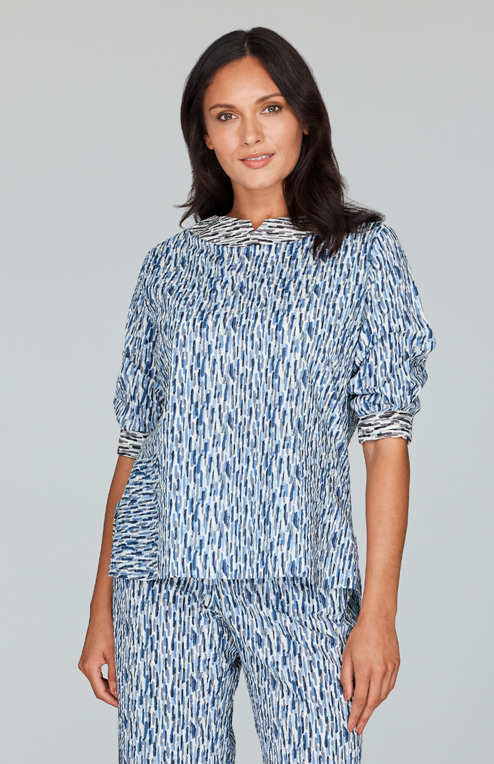 Crinkle Brush Stroke Short Sleeve Blouse w/ Pocket