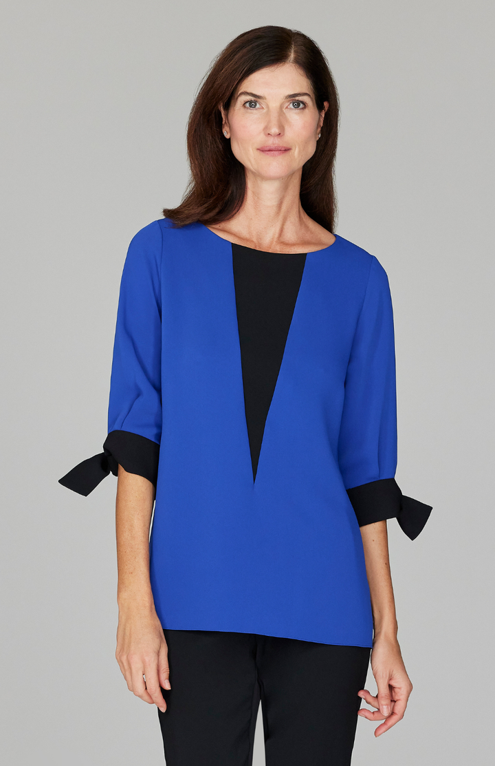 Lustrous Crepe 3/4 Sleeve Blouse w/ Tie Cuff and V Inset