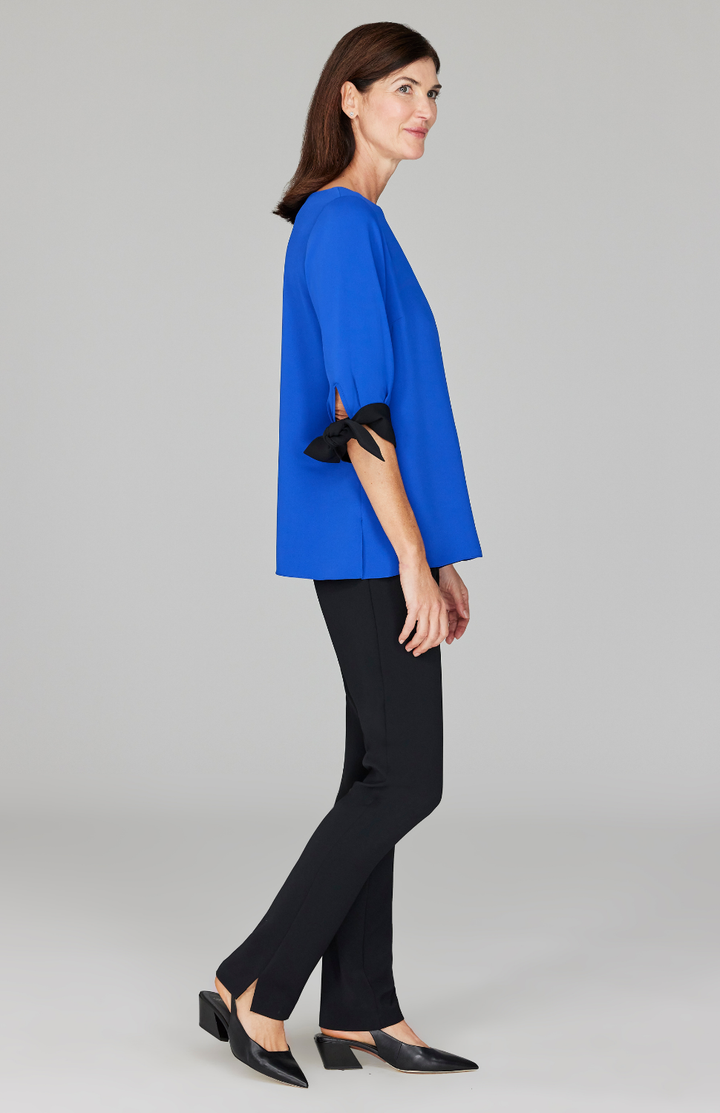 Lustrous Crepe 3/4 Sleeve Blouse w/ Tie Cuff and V Inset