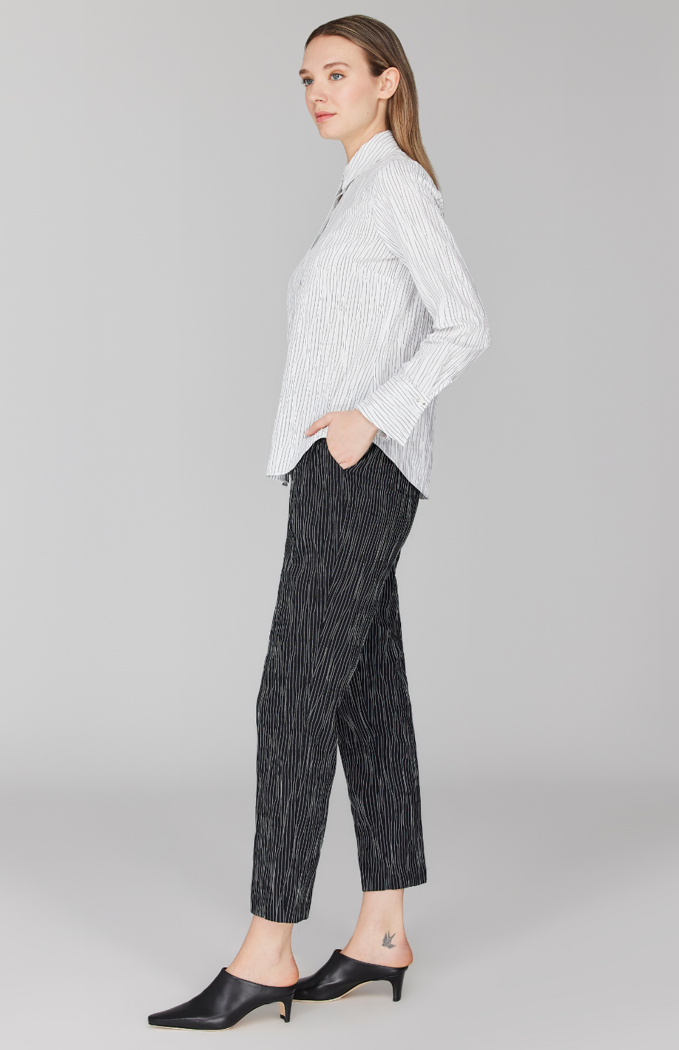 Tucked Pinstripe Tailored Button Down Shirt