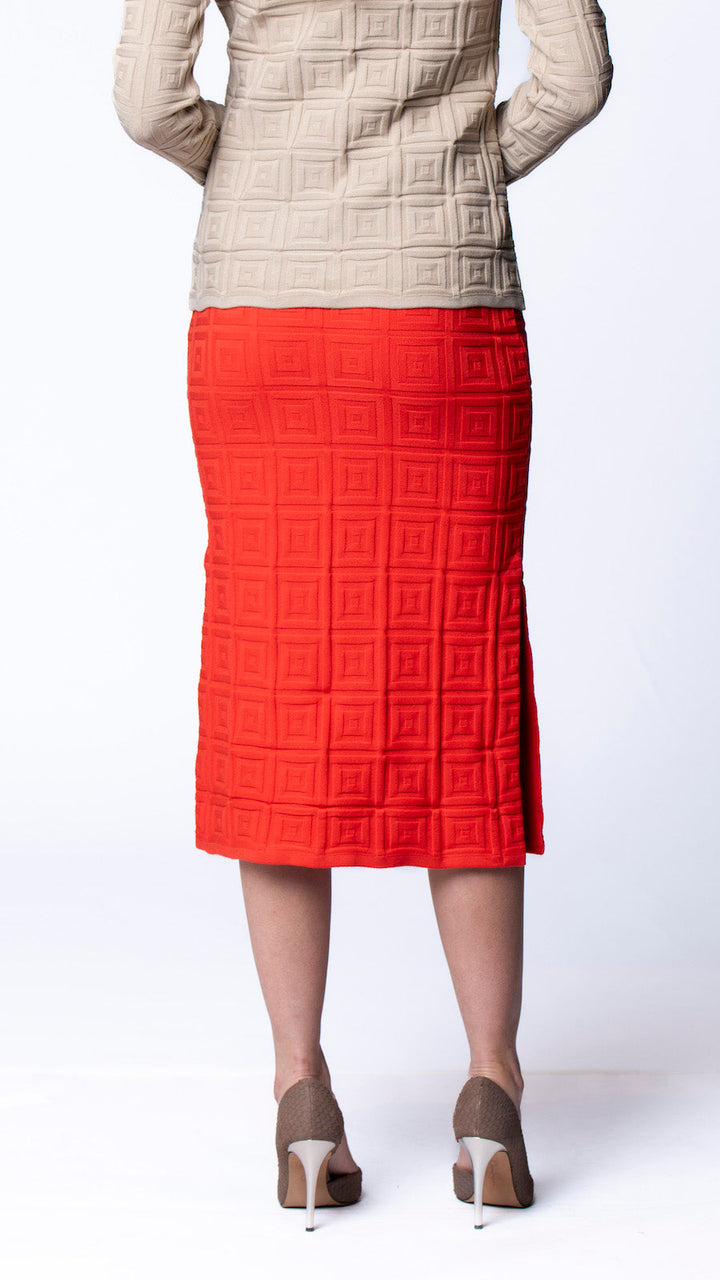 Sabrina Square Pattern Midi Straight Skirt; Bright Orange