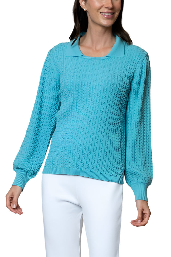 Hope Long Sleeved Crew-Neck Cable-Knit Top, Aqua