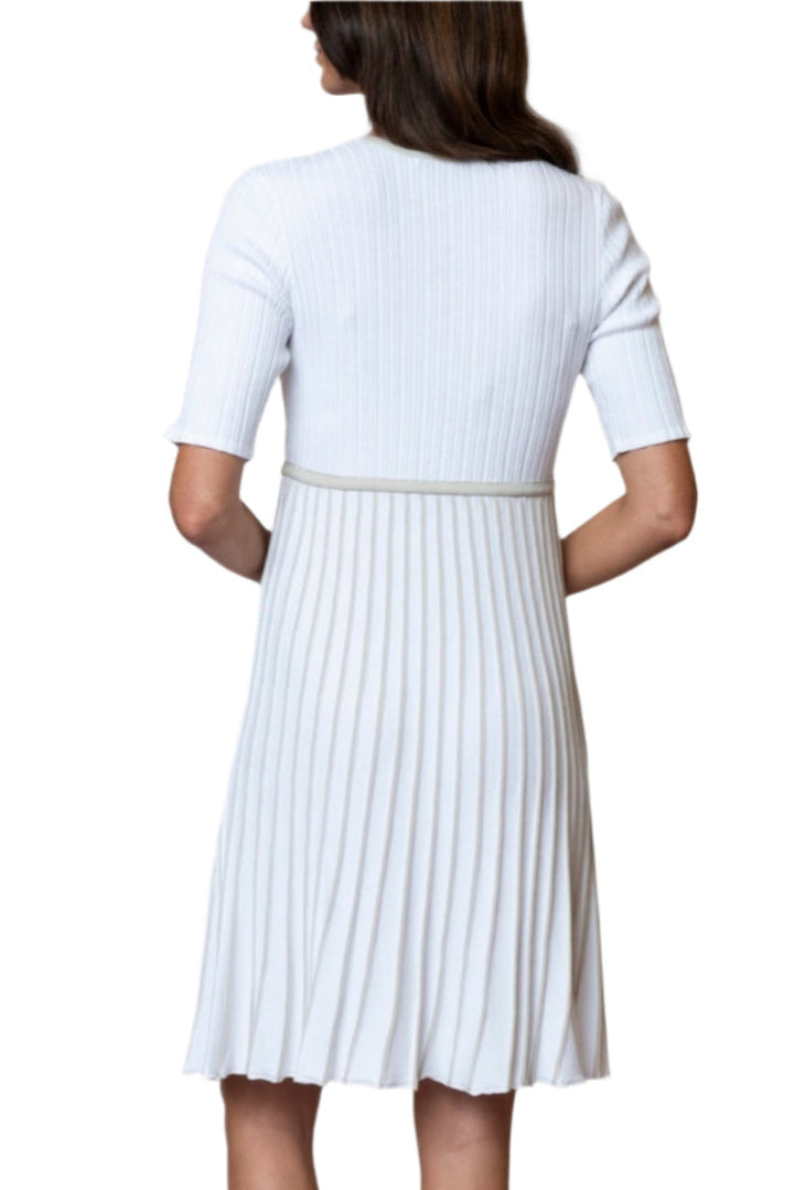 Lara Pleated Short Sleeved Dress / White/Beige