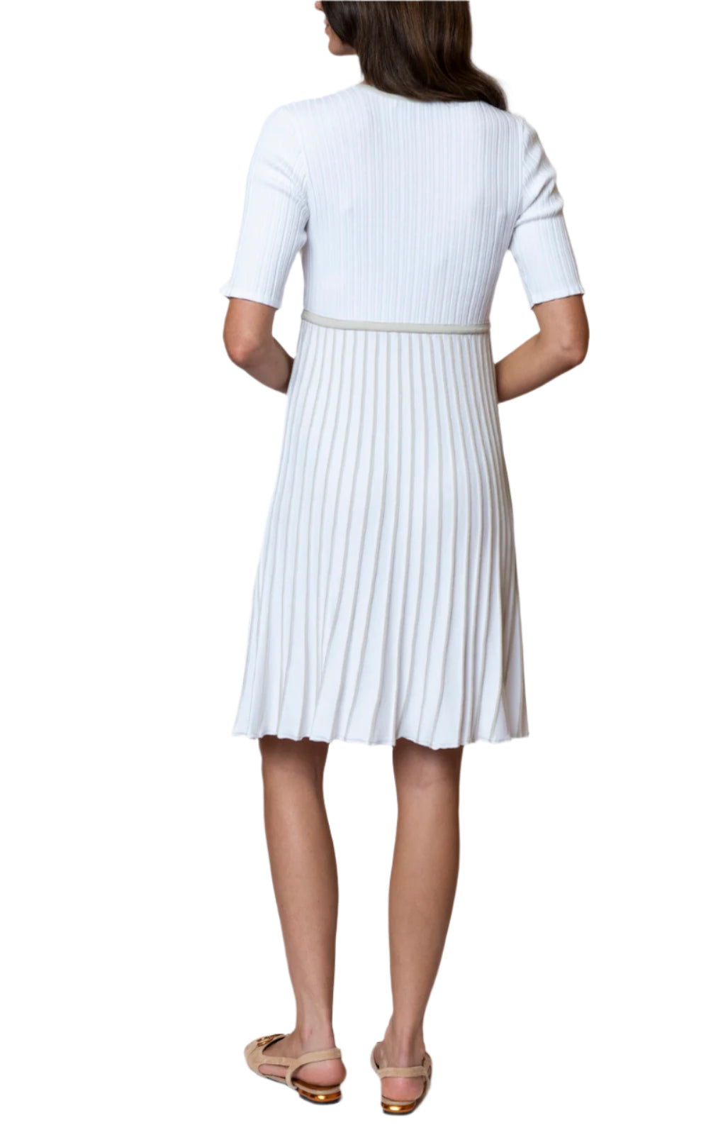 Lara Pleated Short Sleeved Dress / White/Beige