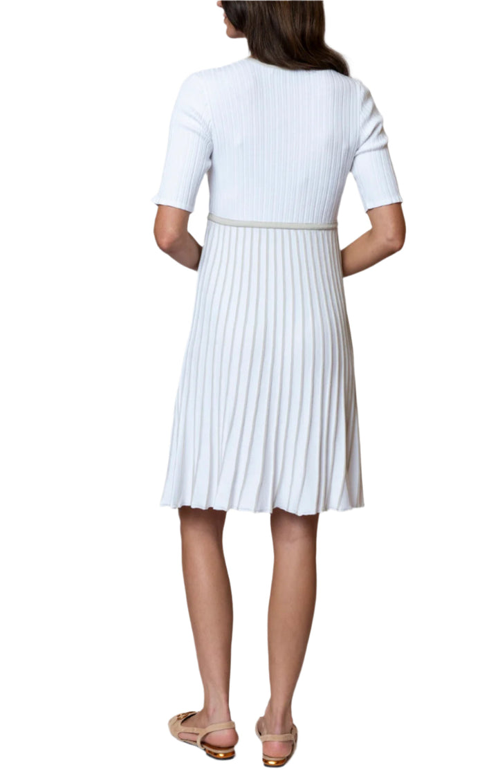 Lara Pleated Short Sleeved Dress / White/Beige