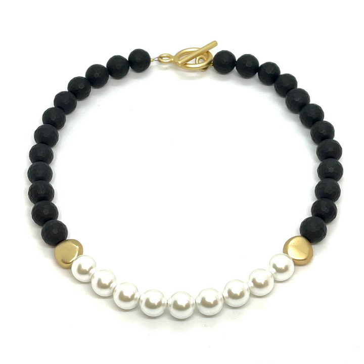 Black Onyx Necklace With Front Glass Pearl and Gold Bead Accents