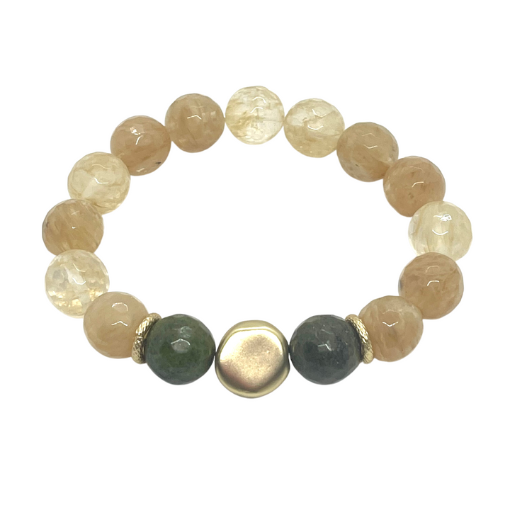 Champagne Quartz And Serpentine Stretch Bracelet With Matte Gold Nugget