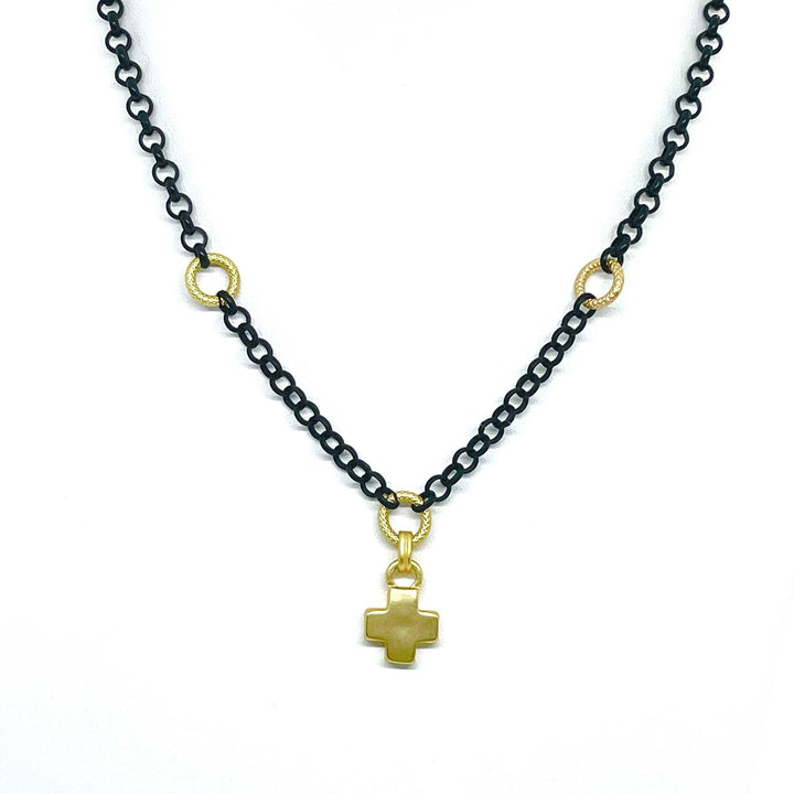 Matte Gold Cross Pendant On Matte Black And Matte Gold Chain Necklace