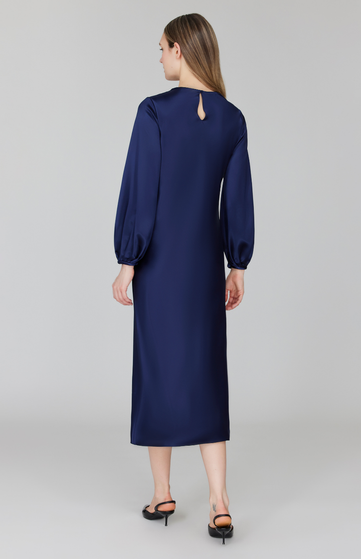 PREORDER Satin Long Sleeve Bias Dress w/ Asymmetric Pleating