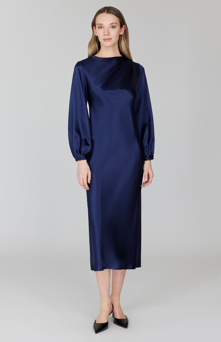 PREORDER Satin Long Sleeve Bias Dress w/ Asymmetric Pleating
