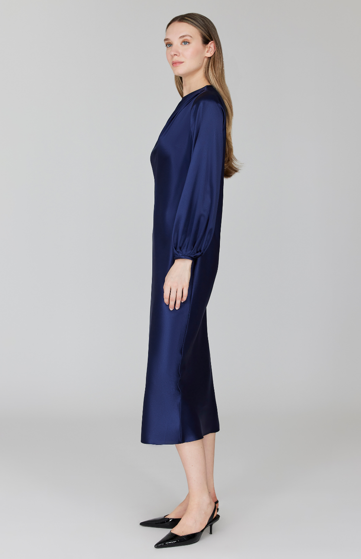 PREORDER Satin Long Sleeve Bias Dress w/ Asymmetric Pleating