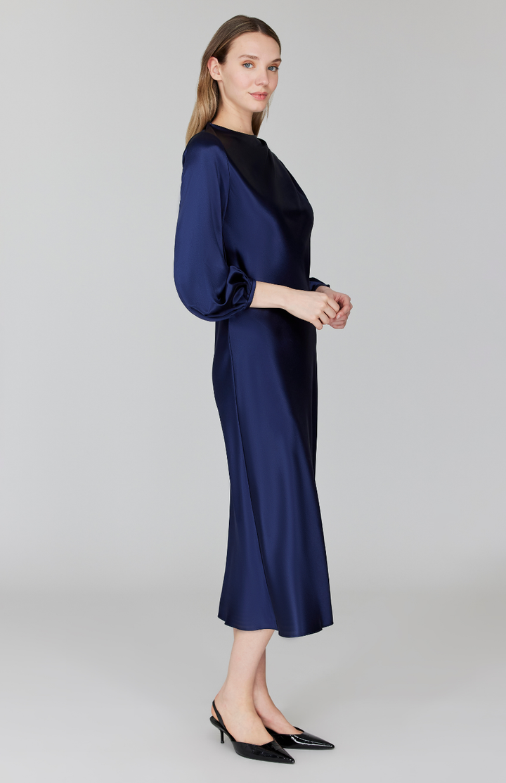 PREORDER Satin Long Sleeve Bias Dress w/ Asymmetric Pleating
