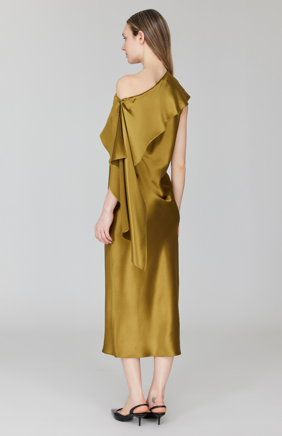 PREORDER Satin Asymmetric Off The Shoulder Bias Dress