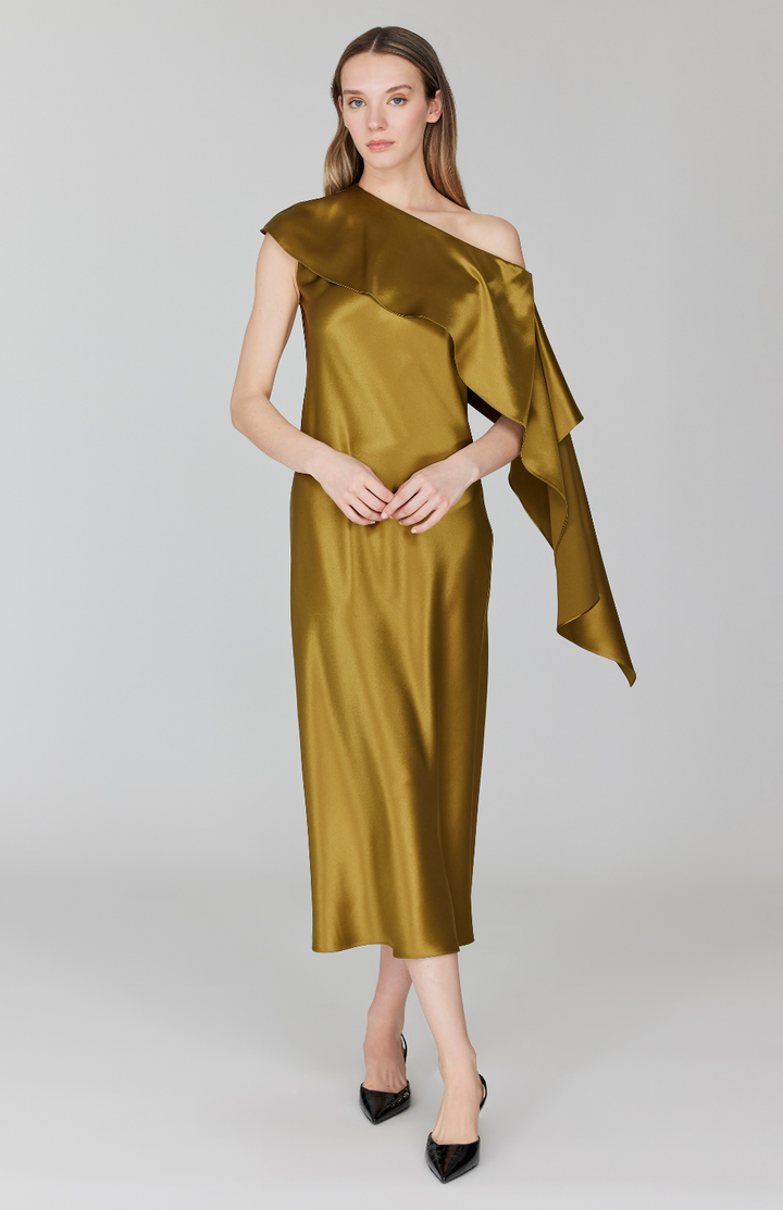 PREORDER Satin Asymmetric Off The Shoulder Bias Dress