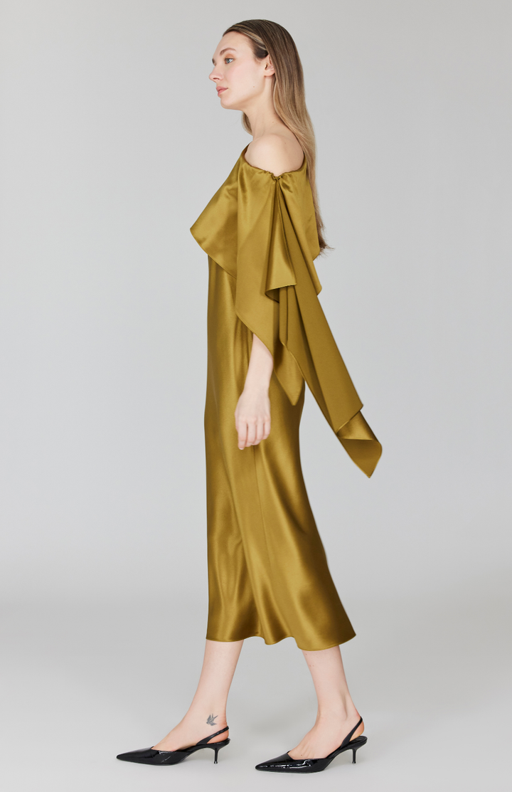 PREORDER Satin Asymmetric Off The Shoulder Bias Dress