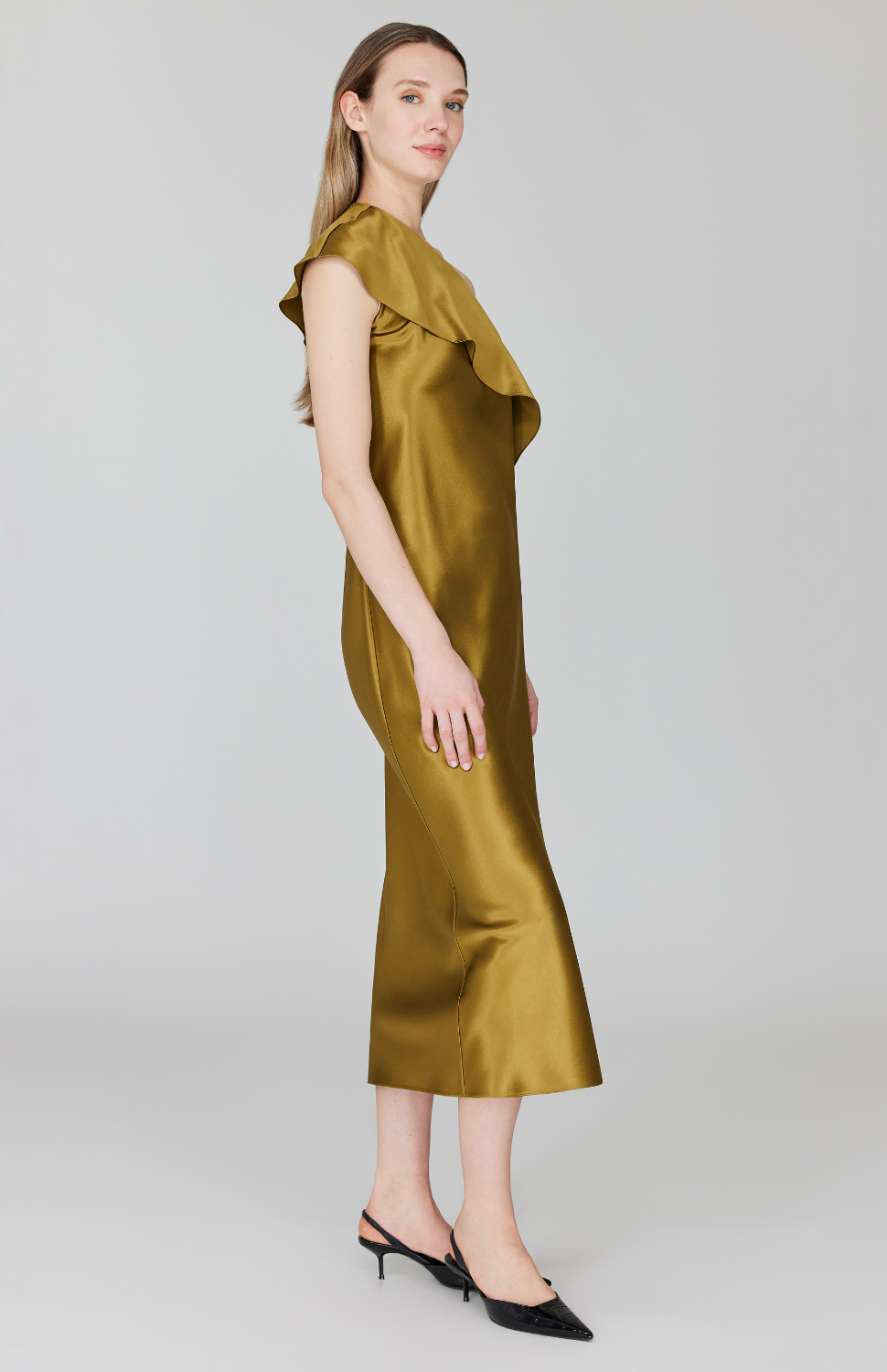 PREORDER Satin Asymmetric Off The Shoulder Bias Dress