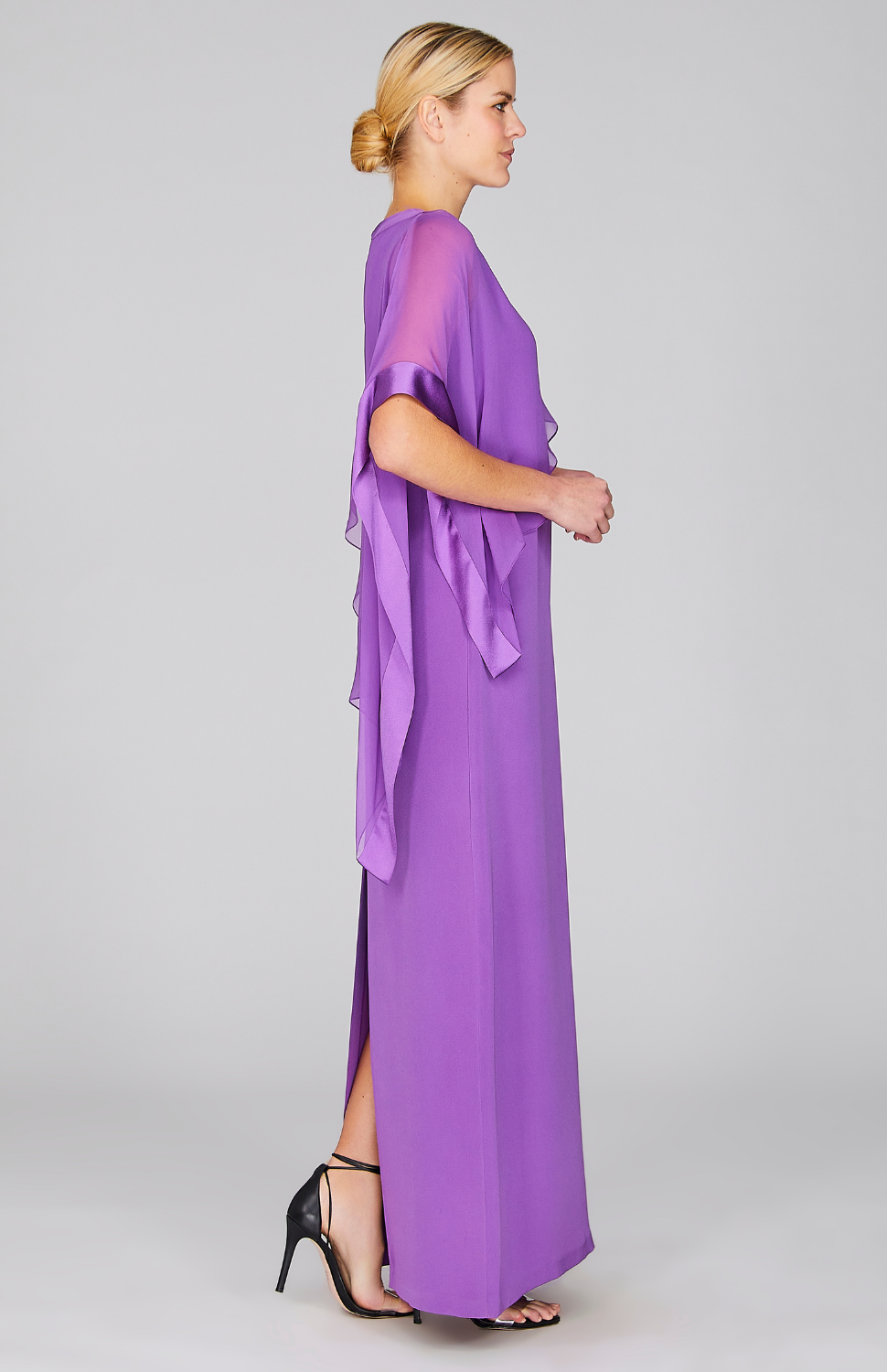 Silk Gown w/Chiffon Side Drape & Satin Trim