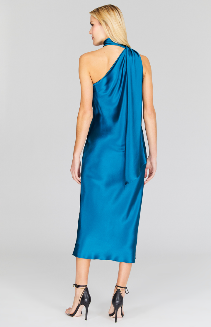 Satin One Shoulder Bias Dress w/ Scarf