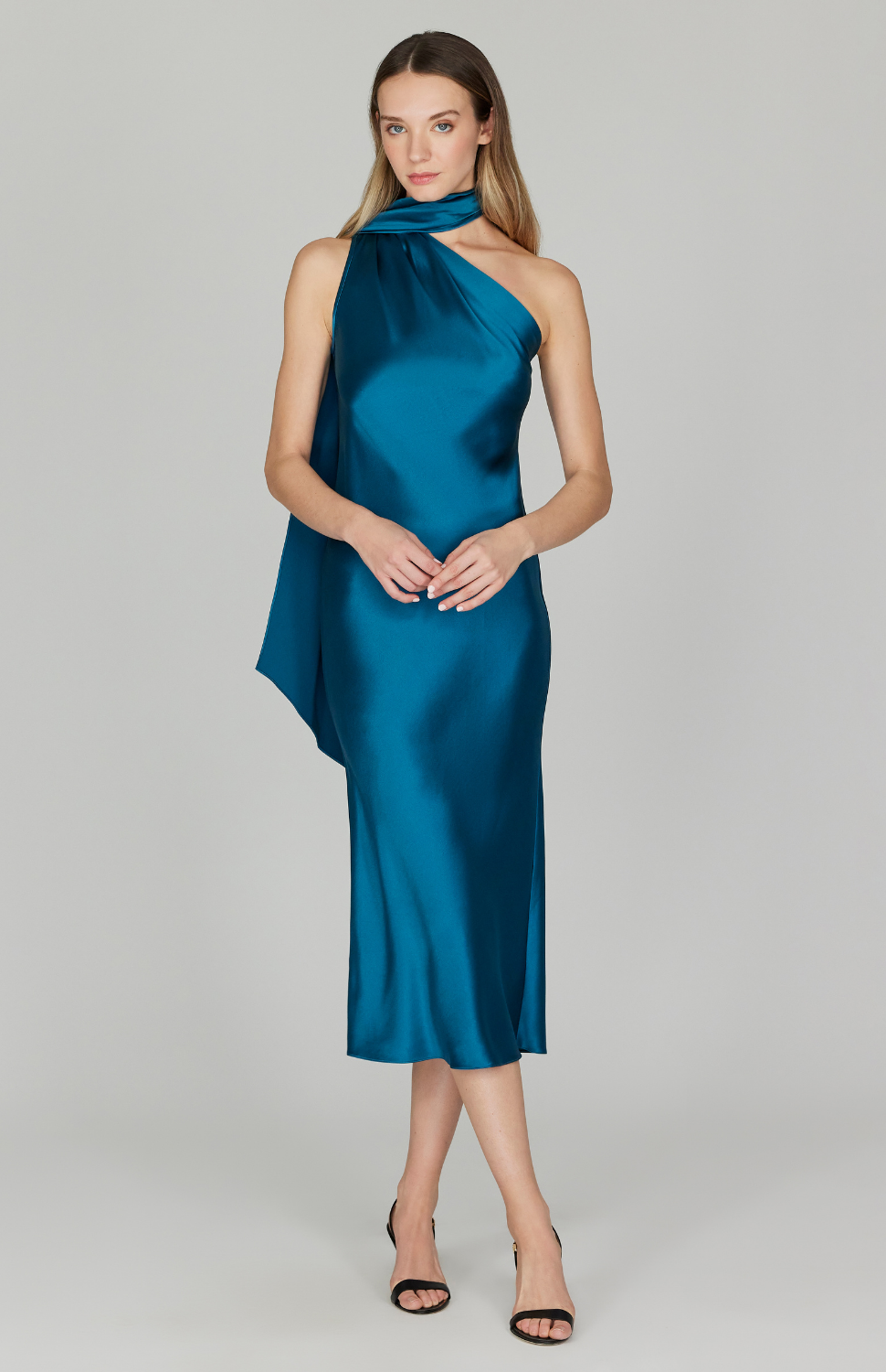 Satin One Shoulder Bias Dress w/ Scarf