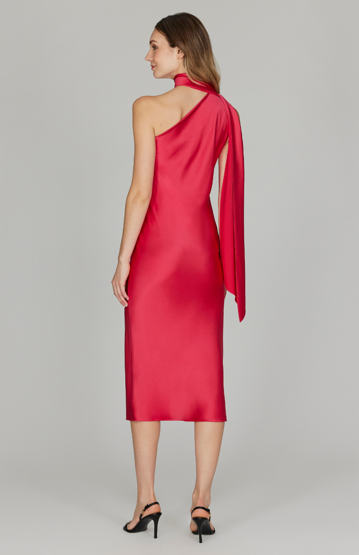 Satin One Shoulder Bias Dress w/ Scarf