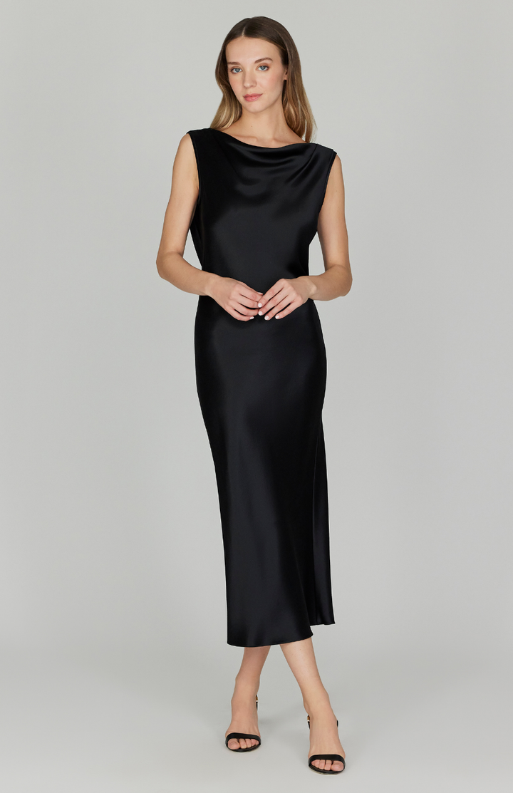 Satin Drape Back Bias Dress