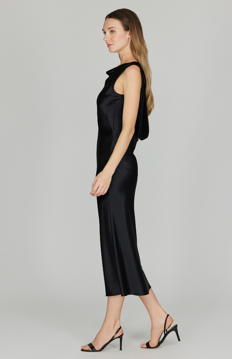 Satin Drape Back Bias Dress