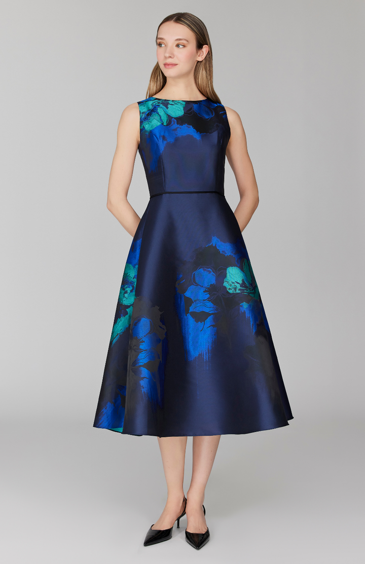 Watercolor Floral Jacquard Sleeveless Fit &amp; Flare Dress