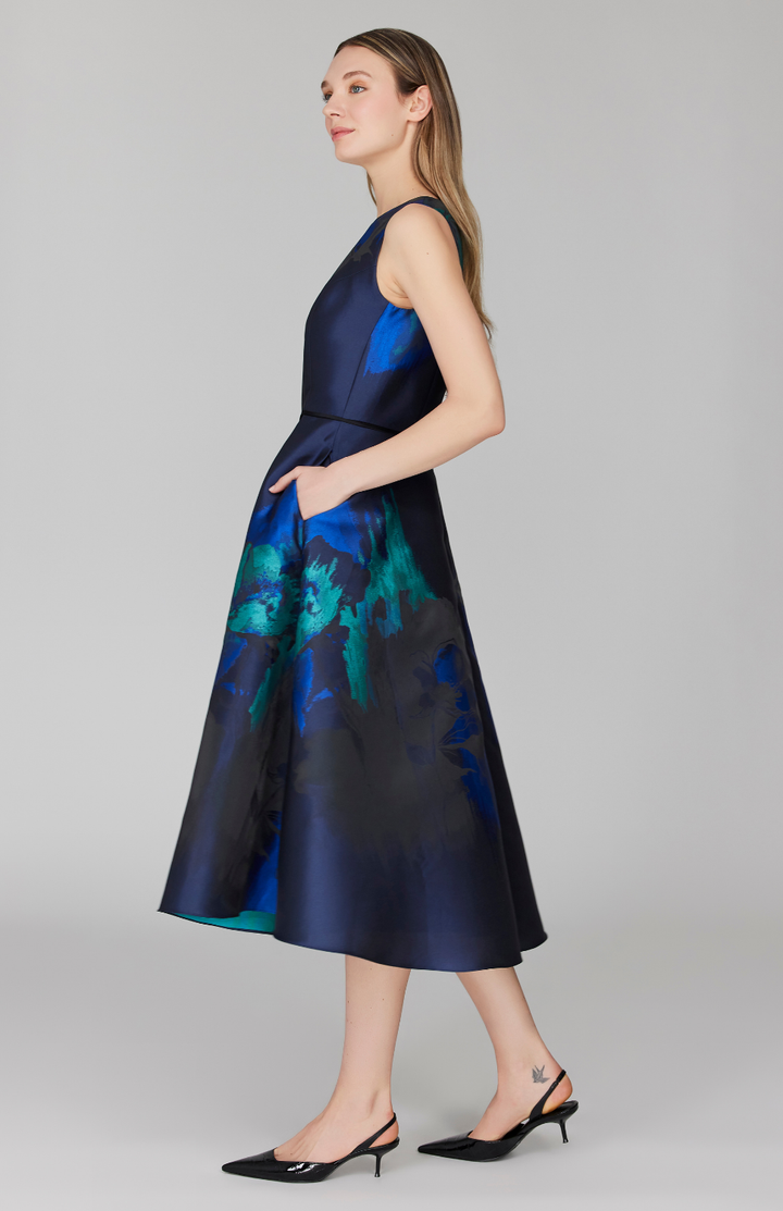 Watercolor Floral Jacquard Sleeveless Fit &amp; Flare Dress