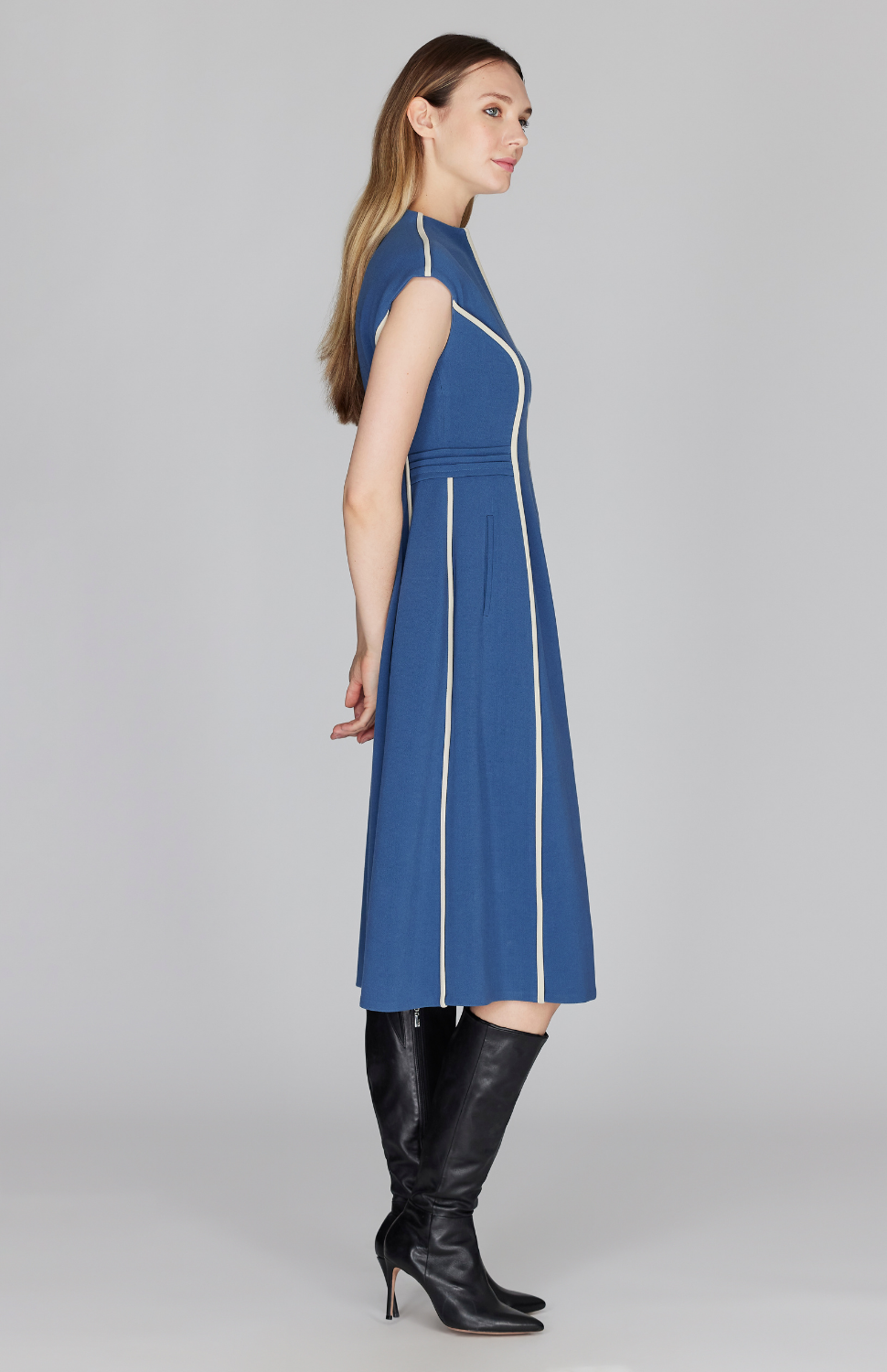 Double Face Cap Sleeve Fit & Flare Dress w/Contrast Bias