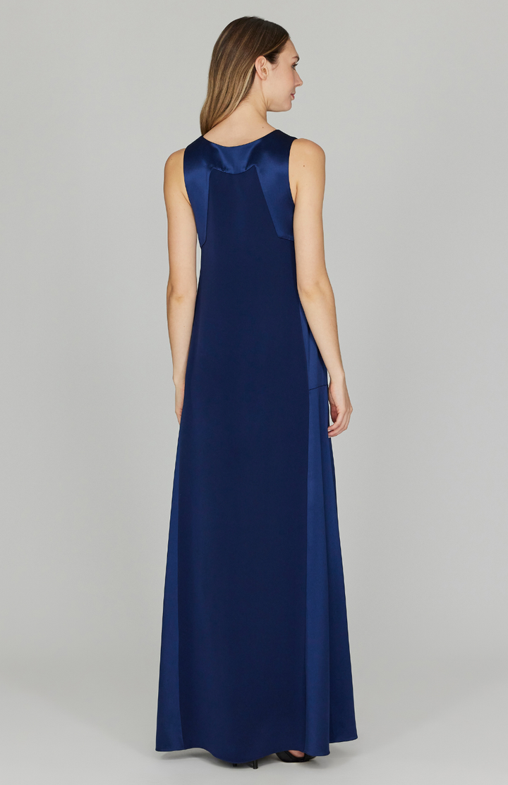 Silk V Neck Gown w/ Satin Contrast Panels