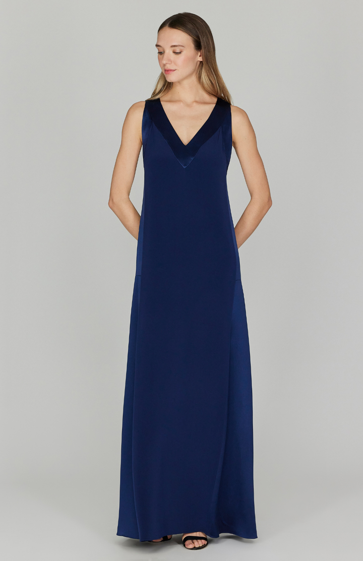 Silk V Neck Gown w/ Satin Contrast Panels