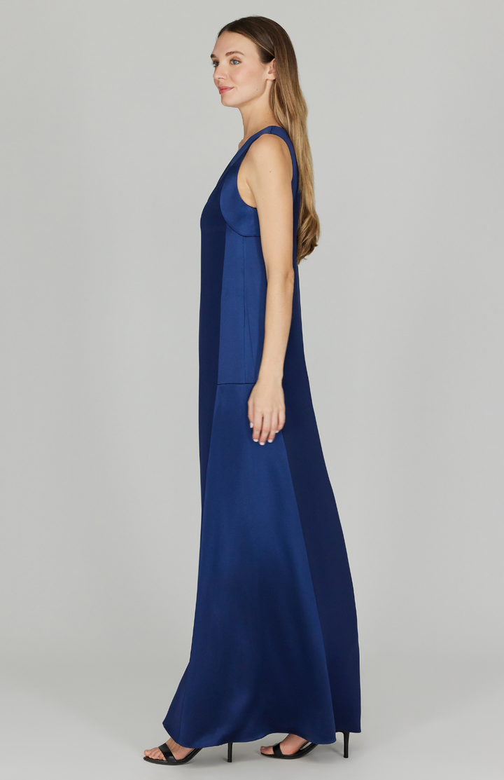 Silk V Neck Gown w/ Satin Contrast Panels