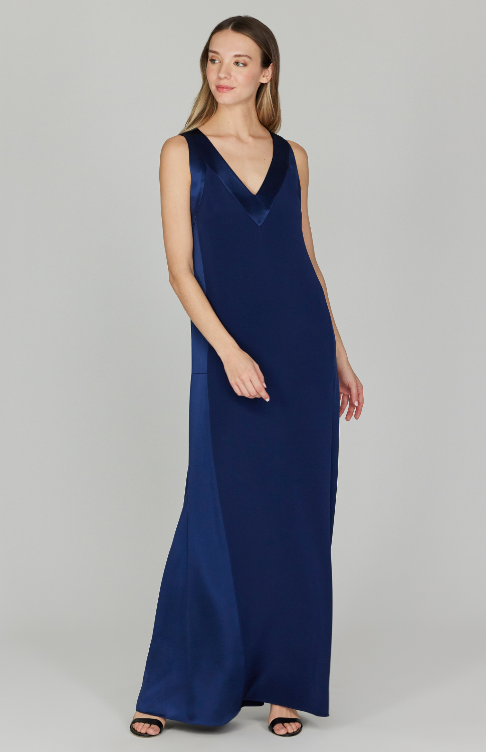 Silk V Neck Gown w/ Satin Contrast Panels