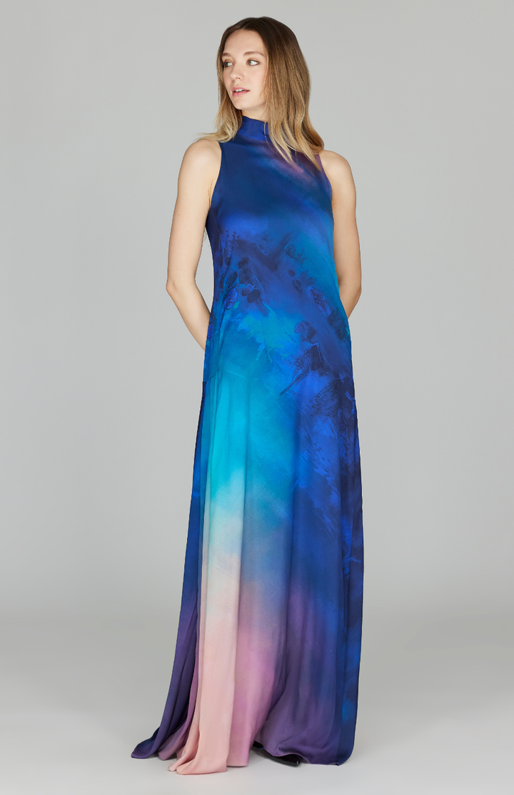 Sunset Print Long Trapeze Gown w/ High Neck