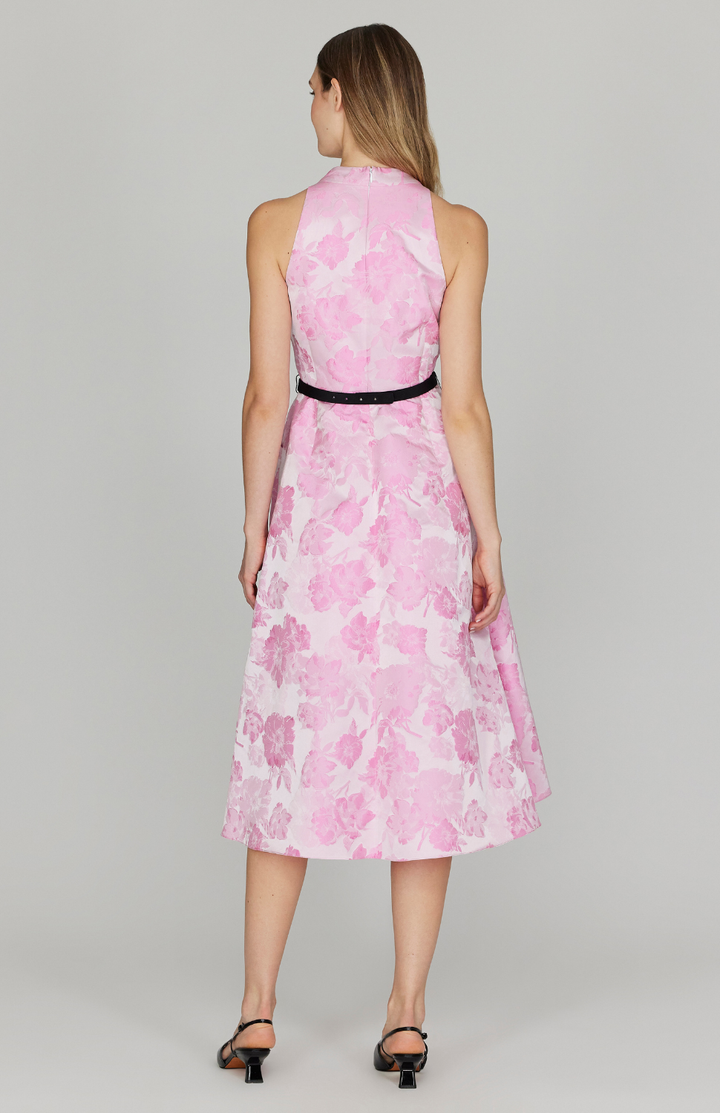Tonal Bloom Jacquard Halter Faux Wrap Fit & Flare Dress