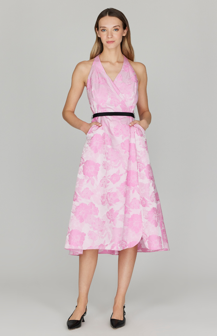 Tonal Bloom Jacquard Halter Faux Wrap Fit & Flare Dress