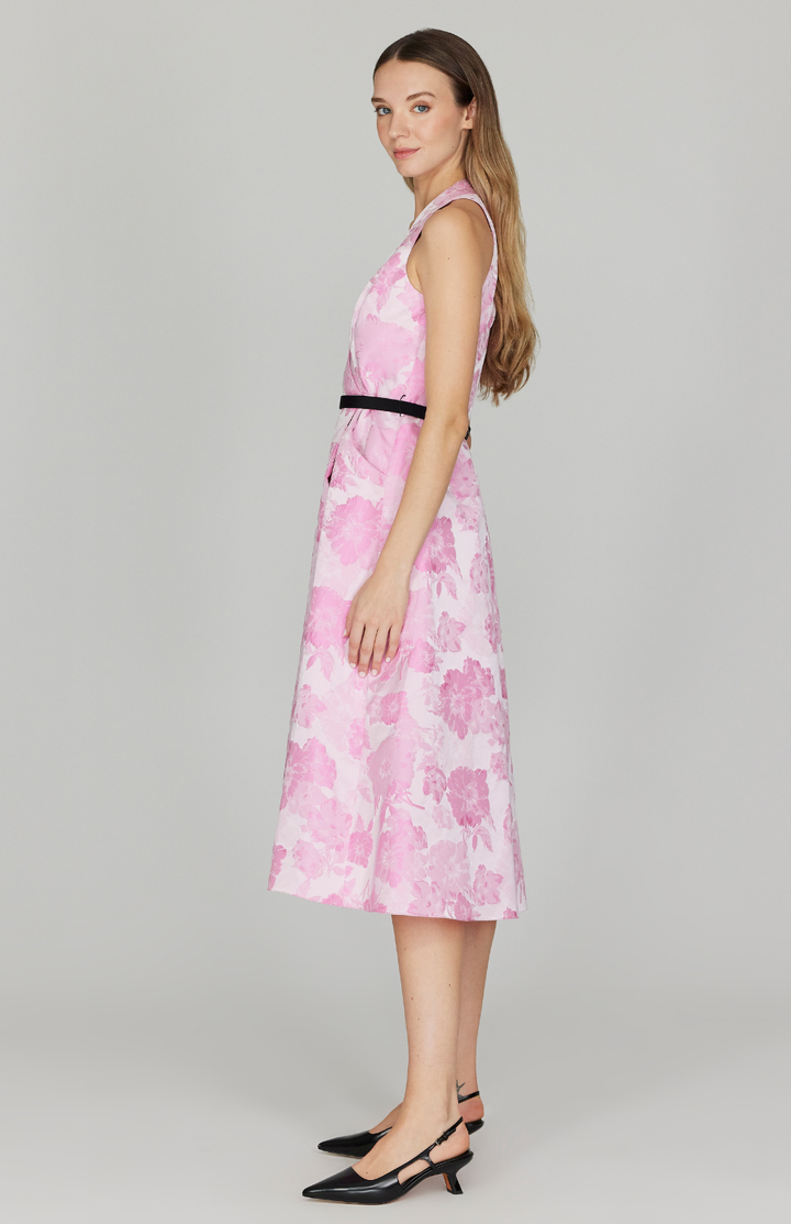 Tonal Bloom Jacquard Halter Faux Wrap Fit & Flare Dress