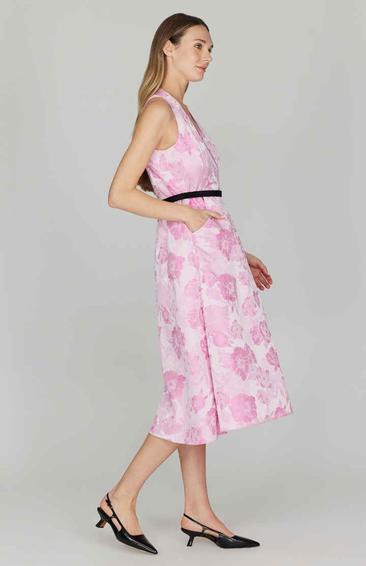 Tonal Bloom Jacquard Halter Faux Wrap Fit & Flare Dress