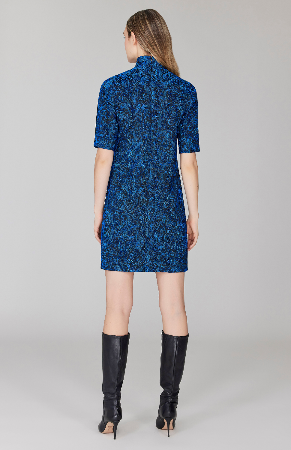 PREORDER Paisley Stretch Jacquard Turtleneck Shift Dress w/ Bias