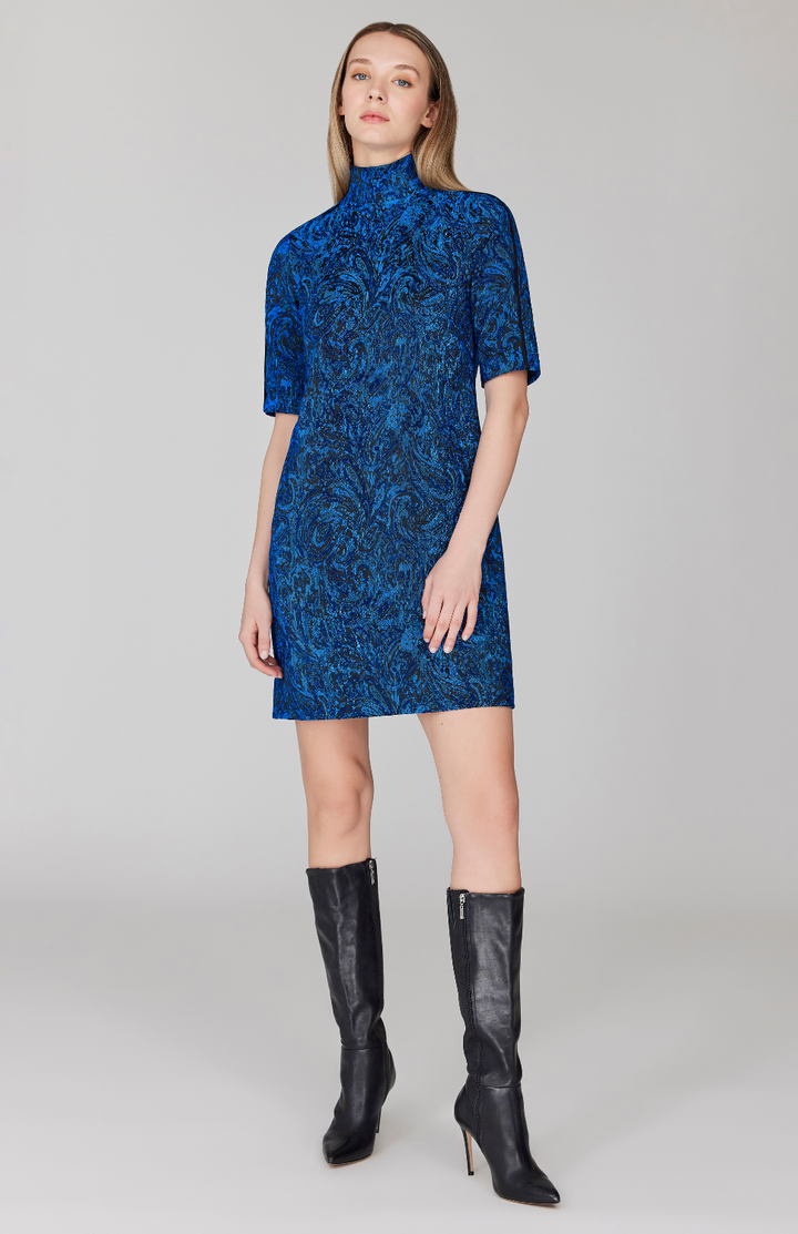 PREORDER Paisley Stretch Jacquard Turtleneck Shift Dress w/ Bias