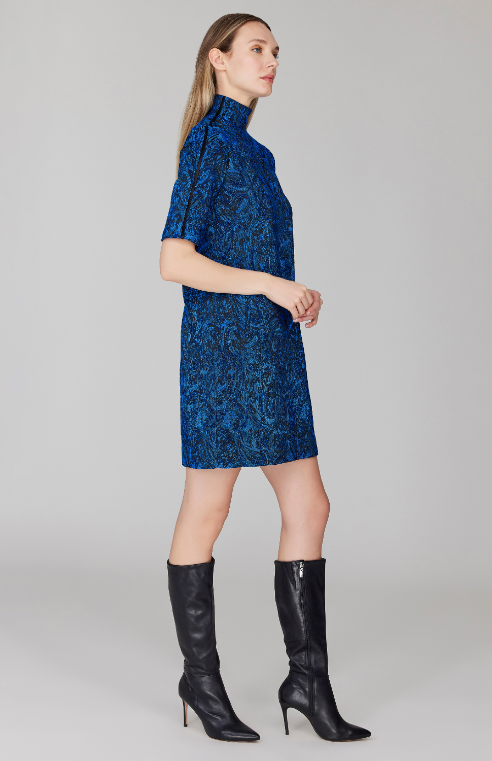 PREORDER Paisley Stretch Jacquard Turtleneck Shift Dress w/ Bias