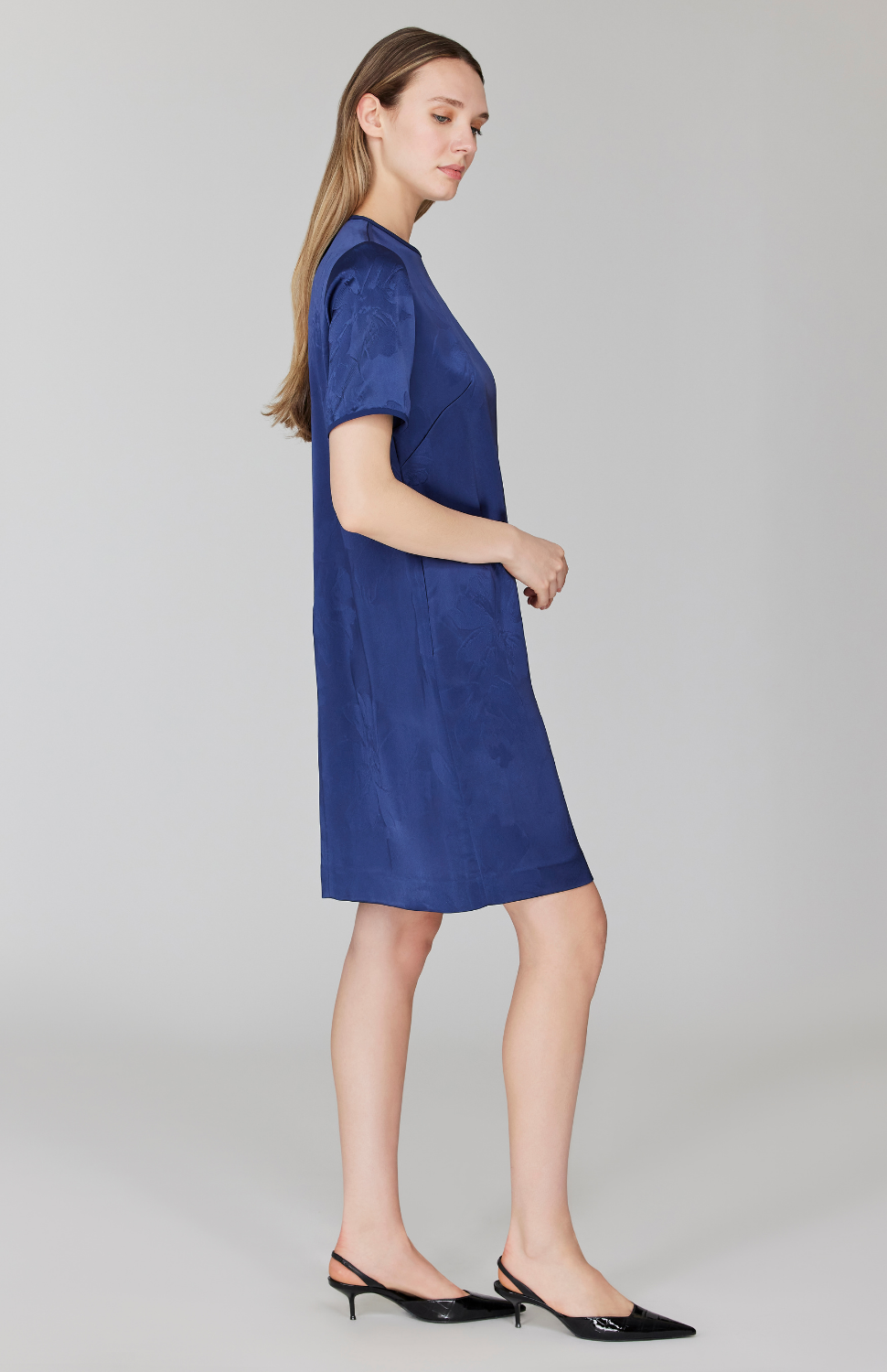 PREORDER Embossed Floral Satin Short Sleeve Shift Dress