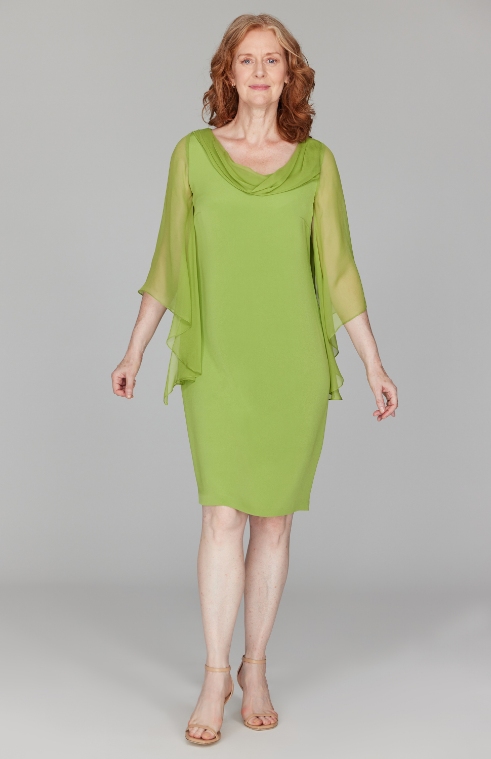 Silk Dress w/ Chiffon Drape & Cascade Sleeve