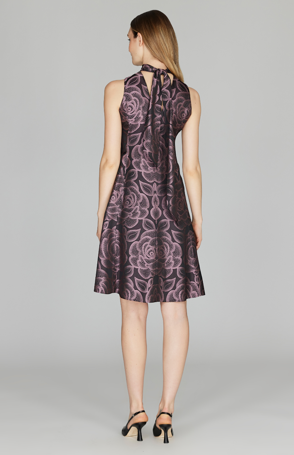 Rose Dot Jacquard Short Dress w/ Back Neck Tie