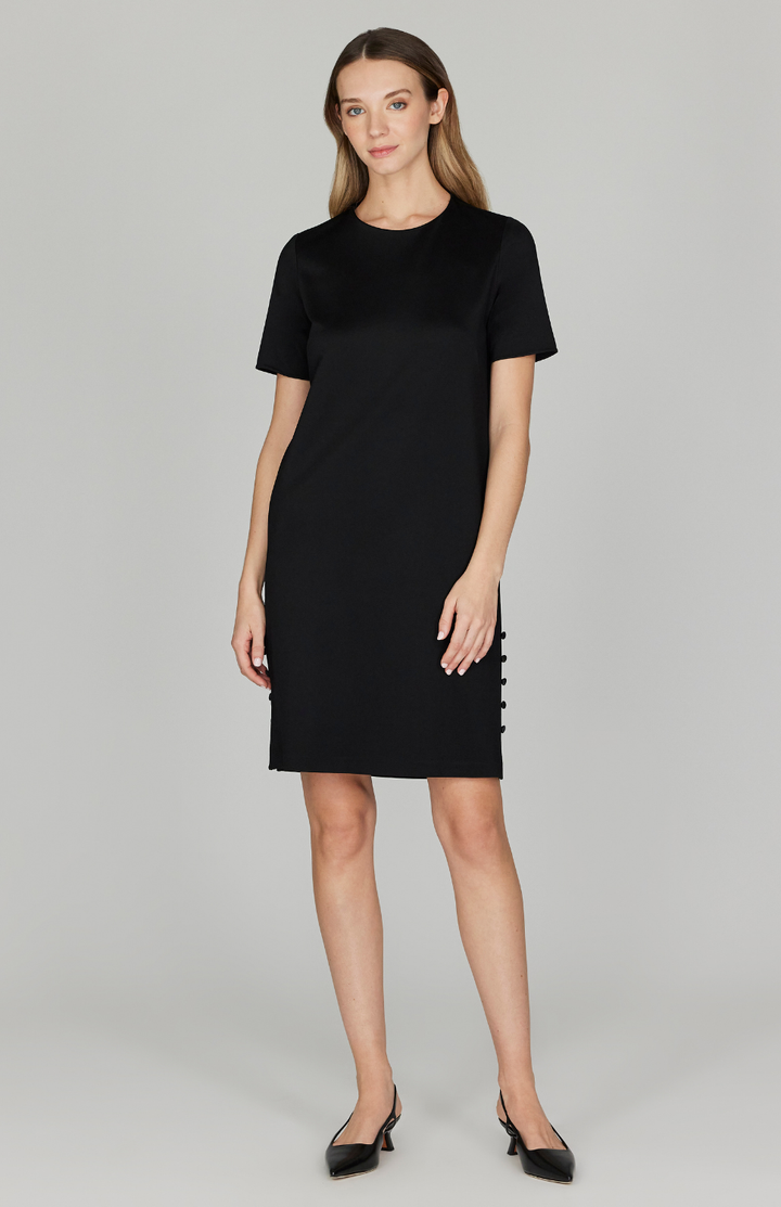 Matte Jersey Shift Dress w/ Side Slit Buttons