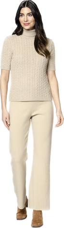 Lea Short Sleeved Cable-Knit Turtleneck, Beige