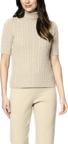 Lea Short Sleeved Cable-Knit Turtleneck, Beige