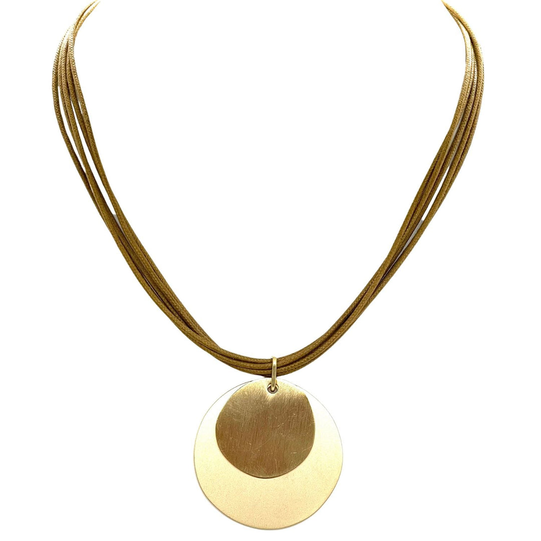 Matte Gold Double Disc Necklace on Navy Waxed Linen