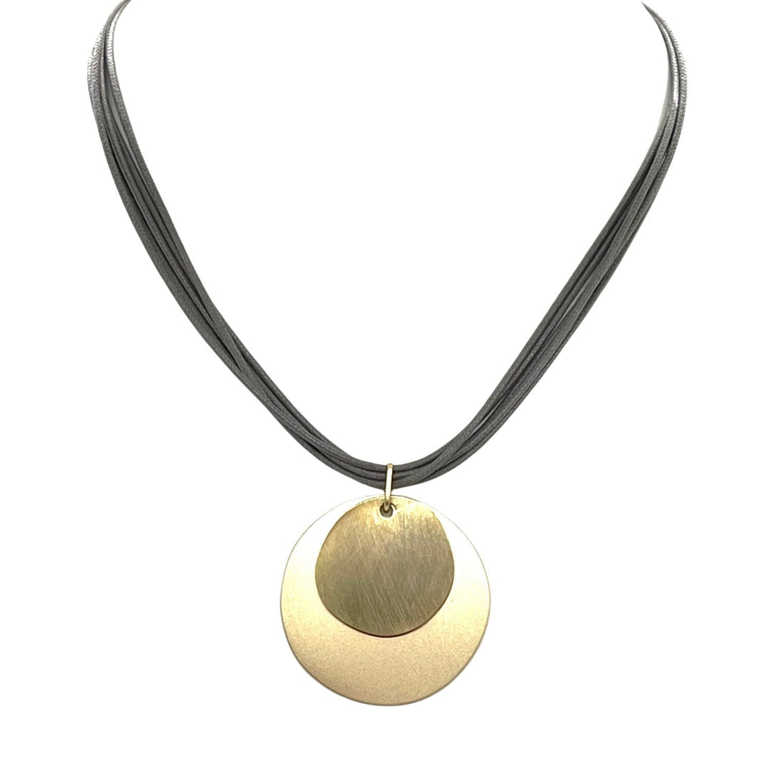 Matte Gold Double Disc Necklace on Navy Waxed Linen